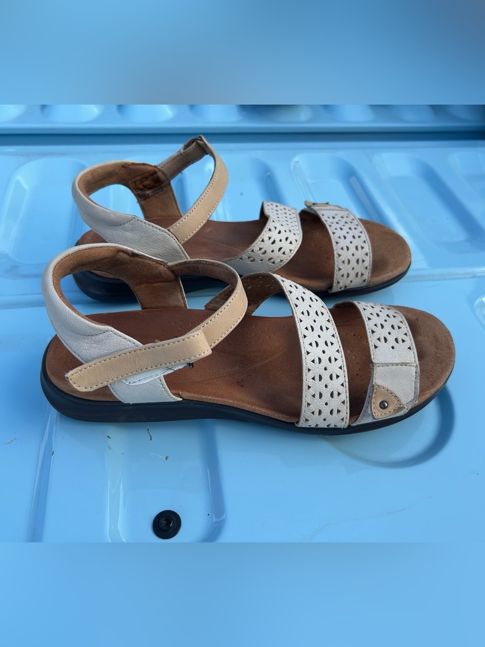 Clarks Women's White and Tan Laser-Cut Leather Sandals